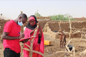Mercy corps niger employee working with community member.