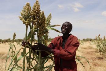 Nigerian man smiling with agricultural crop.